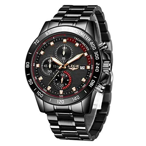 Produktbild: LIGE Herren Uhren Wasserdichter Sport Chronograph Analoge Quarzuhr Edelstahl Business Armband Armbanduhr Schwarze Herrenuhr