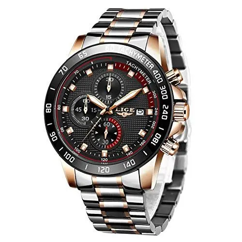 Produktbild: LIGE Herren Uhren Wasserdichter Sport Chronograph Analoge Quarzuhr Edelstahl Business Armband Armbanduhr Silber Herrenuhr