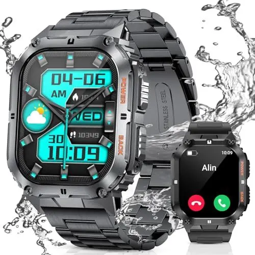 Produktbild: LIGE Militär Smartwatch Herren (Annehmen/Anrufen), 1,95-Zoll-AMOLED-Bildschirm-Smartwatch mit gesundem Monitor, Sportmodus, IP68 wasserdichte Outdoor Smartwatch für iOS Android Schwarz