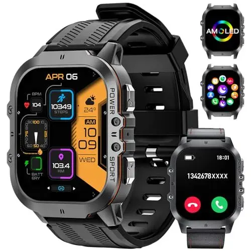 Produktbild: LIGE Militär Smartwatch Herren Damen, 1,96 Zoll AMOLED Always on Display Sportuhr mit Bluetooth Anrufe für iOS Android, IP68 Wasserdicht Fitnessuhr mit Herzfrequenzmonitor Schlafmonitor