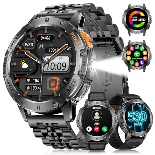 Produktbild: LIGE Smartwatch Herren(3 Straps)- Telefonfunktion/Taschenlampe, 1,43'' AMOLED Display, IP68 Wasserdicht, 100+ Sportmodi Fitnessuhr, Outdoor Smartwatch für iOS Android, Schwarz Leder