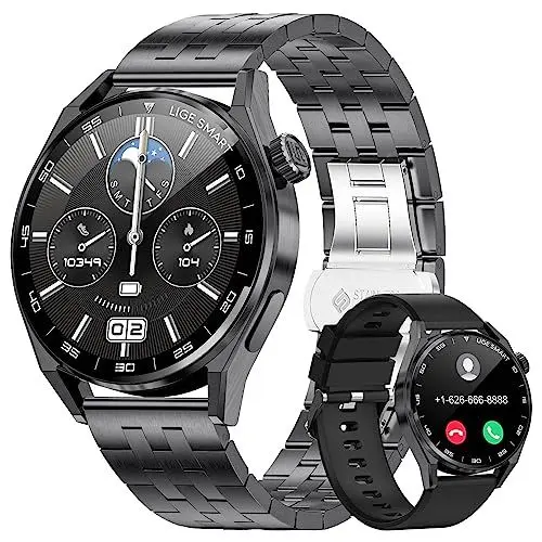 Produktbild: LIGE Smartwatch Herren, 1,39 Zoll Uhren Smartwatches mit Telefonfunktion SpO2 Herzfrequenz Schlafmonitor Schrittzähler, IP68 Wasserdicht Schwarz Fitness Tracker mit 100+ Sportmodi, iOS Android