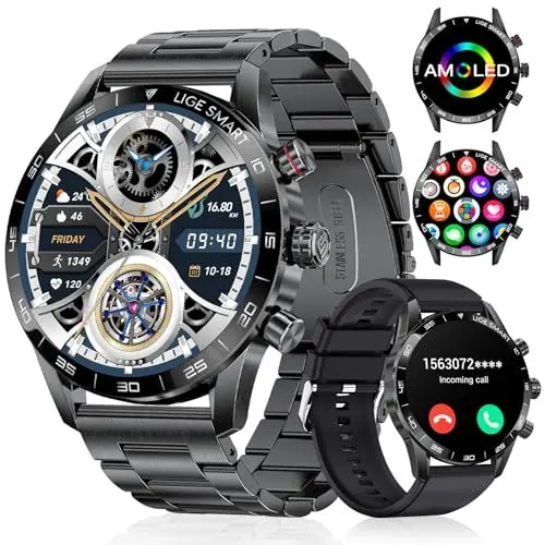 Produktbild: LIGE Smartwatch Herren, 1.43'' AMOLED Smartwatch mit Telefonfunktion und Sprachassistenz Herzfrequenz SpO2 124 Sportmodi Fitnessuhr Smart Watch für Android iOS