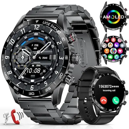 Produktbild: LIGE Smartwatch Herren 1.43 Zoll AMOLED-Display, Smartwatch mit Telefonfunktion und Sprachassistenz Herzfrequenz SpO2 124 Sportmodi Fitnessuhr Smart Watch für iOS Android