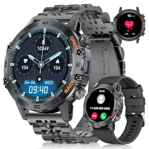 Produktbild: LIGE Smartwatch Herren (Anruf Texte Erinnerung),1,39 Zoll Robuste Outdoor Smartwatch mit Herzfrequenz Schlafüberwachung,100+ Sportmodi Fitnessuhr Militär Smart Watch für Android iOS, Schwarz Edelstahl