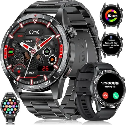 Produktbild: LIGE Smartwatch Herren mit 400mAh Lange Akkulaufzeit für Android iOS,1.43'' Amoled Display,110+ Sportmodi,Bluetooth-Anrufe,IP68 Wasserdicht Fitnessuhr mit Herzfrequenz, SpO2, Schlafmonitor,3 Armbänder