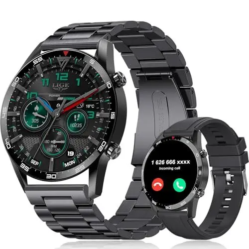 Produktbild: LIGE Smartwatch Herren mit Bluetooth-Anruf und Sprachassistent, 1,32-Zoll-Smartwatch mit Gesundheit/Herzfrequenz/SpO2, Aktivitätsverfolgung, Sportmodi, Schwarzer Edelstahl Smartwatch für Android iOS