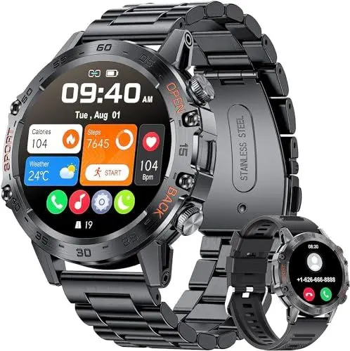 Produktbild: LIGE Smartwatch Herren mit Metallband, 1,39 Zoll Militär Smart Watch mit Herzfrequenz, Blutdruck, Schlafüberwachung für Android iOS, 100+ Sportmodi Fitnessuhr, IP67 Wasserdicht, Bluetooth Anrufe