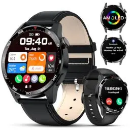 Produktbild: LIGE Smartwatch Herren mit Telefonfunktion,1.43 Zoll AMOLED Voll Touchscreen Armbanduhr Herren mit 120+ Sportmodi IP68 Wasserdicht Aktivitätstracker,Herzfrequenz/SpO2/Überwachung 400mah Schwarz Leder