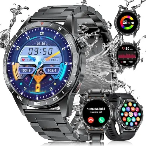 Produktbild: LIGE Smartwatch Herren mit Telefonfunktion(3 Bänder), 1,43 Zoll AMOLED Militär Smart Watch für Android iOS, IP68 Wasserdicht, Herzfrequenz SpO2 Schlafmonitor, 400mAh Akku 120+Sportmodi Fitnessuhr
