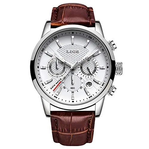 Produktbild: LIGE Uhr Herren Chronograph Sport Wasserdichter Analoger Quarz Edelstahl Lederuhr Klassische Business Casual Schwarzem Zifferblatt Armbanduhr