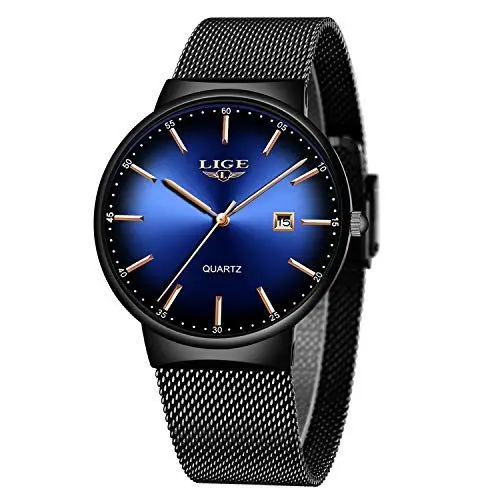Produktbild: LIGE Uhr Herren Dünne wasserdichte Edelstahl Mesh Mode Minimalistisch Analoge Quarz Armbanduhr Herren (Schwarz Blau)