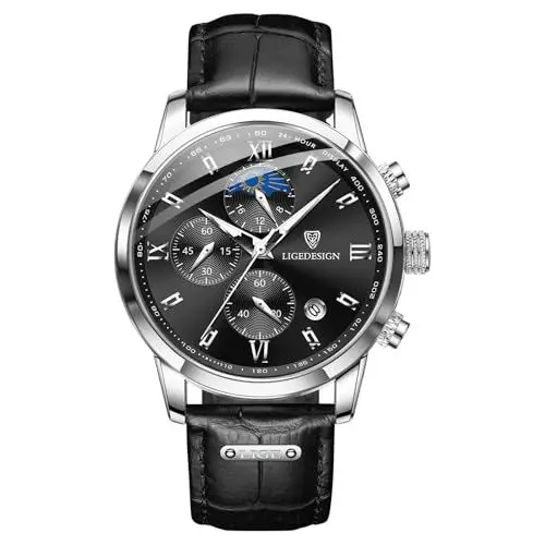 Produktbild: LIGE Uhren Herren Armbanduhr Quarz Chronograph, Wasserdicht Armbanduhr Elegant Klassisch Business Uhr, Zifferblatt Edelstahl Leuchtend, Schwarze Dial/Armband, Geschenk für Männer