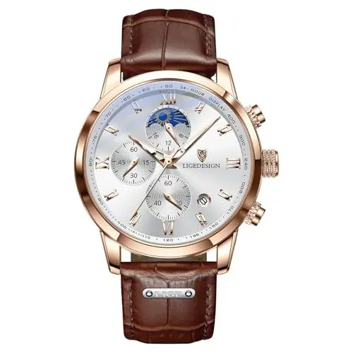 Produktbild: LIGE Uhren Herren Armbanduhr Wasserdicht 30 m Analog Quarz Chronograph Elegant Klassisch Business-Stil Zifferblatt aus Edelstahl Herrenuhr, Lederarmband, Weiß Gold Dial, Geschenk für Männer