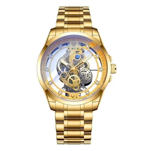 Produktbild: LIGE Uhren Herren Armbanduhr Wasserdicht Analog Modisch Klassisch Skelett Transparentes Zifferblatt, Automatisch Mechanisch Leuchtend Elegant Edelstahl Luxuriös Armbanduhr für Herren, Gold