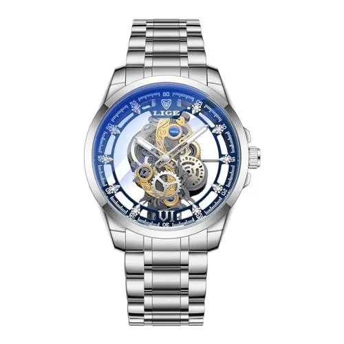 Produktbild: LIGE Uhren Herren Armbanduhr Wasserdicht Analog Modisch Klassisch Skelett Transparentes Zifferblatt, Automatisch Mechanisch Leuchtend Elegant Edelstahl Luxuriös Gold Uhr für Herren mit Lederarmband