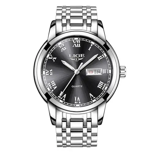 Produktbild: LIGE Uhren Herren Chronograph Analog, Quarz Leuchtend Datum Armbanduhr, 3ATM Wasserdicht Klassisches Zifferblatt Modisch Business Elegant Edelstahl Uhr Herren, Geschenk für Männer, Schwarz Siliber