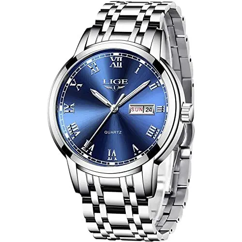 Produktbild: LIGE Armbanduhr Herren Silbrig, Herrenuhr Quarz-Analoguhr, Uhr Herren mit Kalender, Schwarz Edelstahlarmband 3ATM Wasserdicht, Leuchtzeiger-Display, Schöne Geschenke, Business Outdoor Erholung