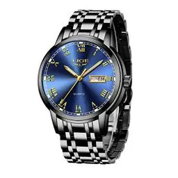 Produktbild: LIGE Armbanduhr Herren Blau, Uhr Herren Quarz-Analoguhr, Herrenuhr mit Kalender, Edelstahlarmband 3ATM Wasserdicht, Goldfarbene Leuchtzeiger, Schöne Geschenke, Business Outdoor Erholung