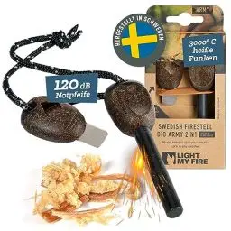 Produktbild: LIGHT MY FIRE Feuerstahl Outdoor Army, 10 mm, 12000 Zündungen, 2-in-1 mit Notfallpfeife, Feuerstahl XXL Survival Gadget Feuerstein Feuerzeug, Ewiges Streichholz mit Bio-basierter Kunststoffgriff
