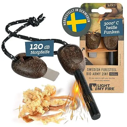 Produktbild: LIGHT MY FIRE Feuerstahl Outdoor Army, 10 mm, 12000 Zündungen, 2-in-1 mit Notfallpfeife, Feuerstahl XXL Survival Gadget Feuerstein Feuerzeug, Ewiges Streichholz mit Bio-basierter Kunststoffgriff