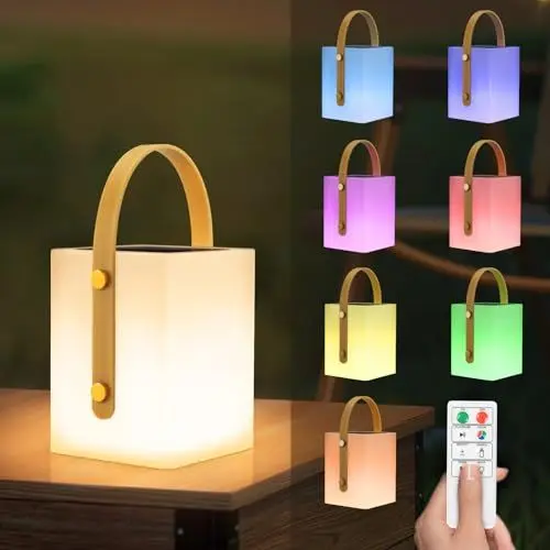 Produktbild: light to hope Solar Tischlampe Kabellos Outdoor Tischleuchte Fernbedienungen Dimmbar Warmweiß und RGB, Tragbare IP44 LED Solarlaterne für Innen, Außen, Garten, Terrasse, Camping, H22 cm