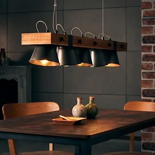 Produktbild: Lightbox 5 flammige Hängelampe - höhenverstellbare Pendelleuchte mit schwenkbaren Köpfen - 115 cm Höhe & 95 cm Länge - 5 x E27 Fassung - aus Metall/Holz aus kanadischer Schwarz-Pappel in Schwarz/Braun