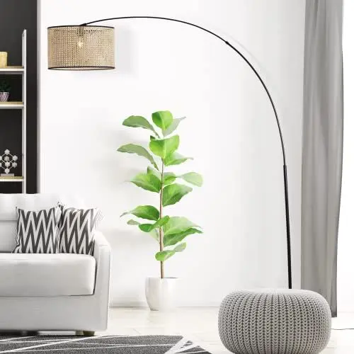 Produktbild: Lightbox Bogenstehlampe im Nature Stil - Boho Standleuchte mit Rattan Schirm & Teleskoparm & schwenkbarem Kopf - für Wohnzimmer - 2 m Höhe - E27, max. 42 W - aus Metall/Rattan - in Holz Hell/Schwarz