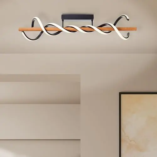 Produktbild: Lightbox LED Deckenlampe im Nature Stil - Deckenleuchte mit 3 Stufen Dimmer & gedrehtem LED-Band & Holz-Balken - 35 cm Höhe & 80 cm Breite - aus Metall/Holz in Schwarz/Holz
