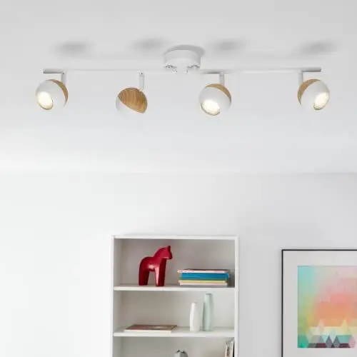 Produktbild: Lightbox LED Deckenstrahler mit warmweißem Licht - 4 flammiger Spotrohr mit schwenkbaren Köpfen - Deckenleuchte mit Leuchtmittel inklusive und wechselbar - Metall Weiß/Holz