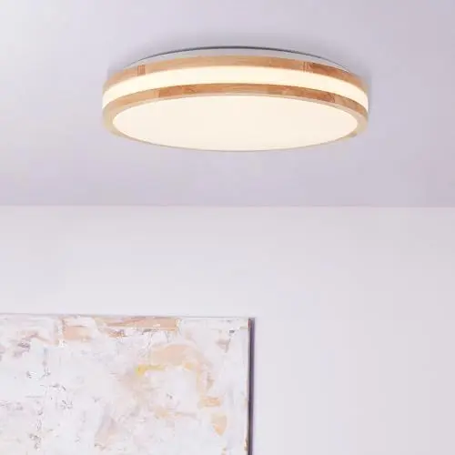 Produktbild: Lightbox LED Wand- & Deckenlampe | Ø 38 cm | Deckenleuchte mit Holz-Rahmen vom Kautschukbaum | für das Wohnzimmer | 22 W | 2200 lm | 3000 K | aus Metall/Holz/Kunststoff | in Hell Braun/Weiß