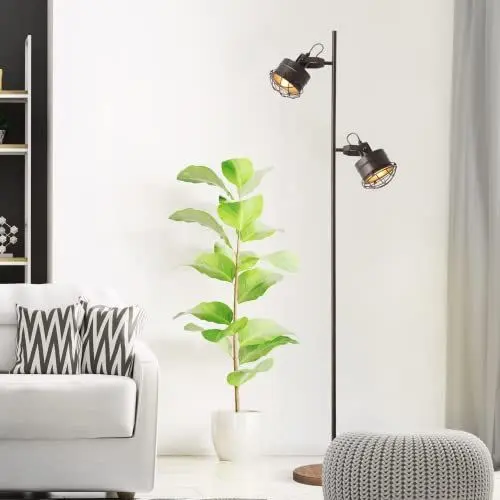 Produktbild: Lightbox moderne Stehlampe - 1,5m Höhe - Stehleuchte mit schwenkbaren Köpfen & Fußschalter & Leselicht - geeignet für E27 Leuchtmittel - Metall/Holz (Kiefer) - in Braun/Schwarz