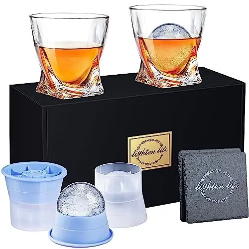 Produktbild: Lighten Life Whiskeyglas-Set,2 Kristall-Bourbon-Glas,2 Eisformen und 2 Untersetzer in Geschenkbox, bleifreies altmodisches Glas für Bourbon,Whiskey-Rockgläser mit Eisform,Whiskey-Geschenk für Männer