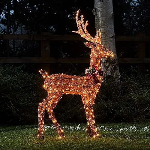 Produktbild: Lights4fun 240er LED Braunes Harewood Rentier Glitzer Hirsch Figur warmweiß 130cm Timer Weihnachtsbeleuchtung für außen und innen Weihnachtsfigur