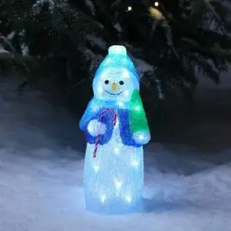 Produktbild: Lights4fun 34cm LED Acryl Schneemann Figur innen und außen Weihnachtsfigur Weihnachtsdeko Weihnachtsbeleuchtung Außen Gartendeko