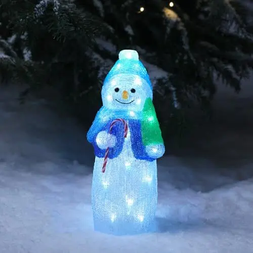 Produktbild: Lights4fun 34cm LED Acryl Schneemann Figur innen und außen Weihnachtsfigur Weihnachtsdeko Weihnachtsbeleuchtung Außen Gartendeko