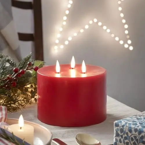 Produktbild: Lights4fun 3 Docht LED TruGlow® Kerze Rot Timer Batterie Weihnachtsdeko Innen Weihnachtsbeleuchtung 15cm
