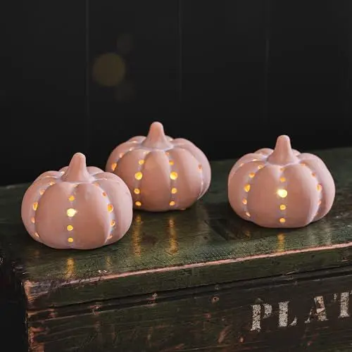Produktbild: Lights4fun 3er Set LED Kürbis Terracotta Batteriebetrieb Timer Halloween Deko Herbst Dekoration Halloween Kürbis Innen