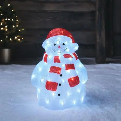 Produktbild: Lights4fun 47cm Acryl LED Schneemann mit Schal Schneemann Figur innen und außen Weihnachtsfigur Weihnachtsdeko Weihnachtsbeleuchtung Außen
