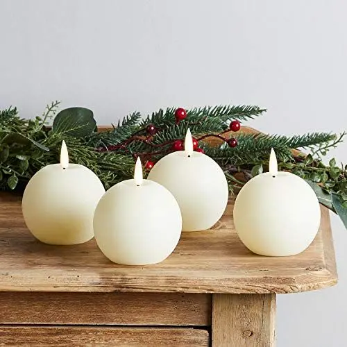Produktbild: Lights4fun 4er Set TruGlow® LED Echtwachskerzen mit Fernbedienung und Timer Rund Kugel Kerzen batteriebetrieb Kerzen Adventskranz 4er Set LED Adventskerzen 4er Set