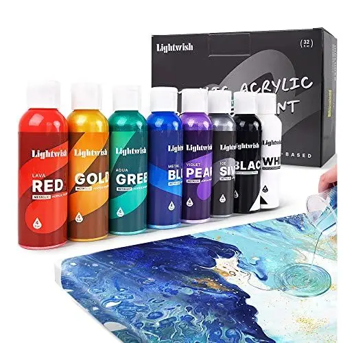 Produktbild: LIGHTWISH Metallic Pouring Acrylfarben Set, 8 schillernde Farben, 118 ml Flaschen, vorgemischte Acrylfarbe mit hohem Durchfluss für Leinwand, Holzsteine, Steine