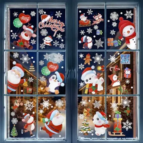 Produktbild: LIHAO 9 Blatt Fensterbilder Weihnachten Fensterdeko Schneeflocken Fenstersticker Selbstklebend Winter Fenster Aufkleber Weihnachtsdeko Rentier Weihnachtsmann Deko für Glasfenster (20×30CM)