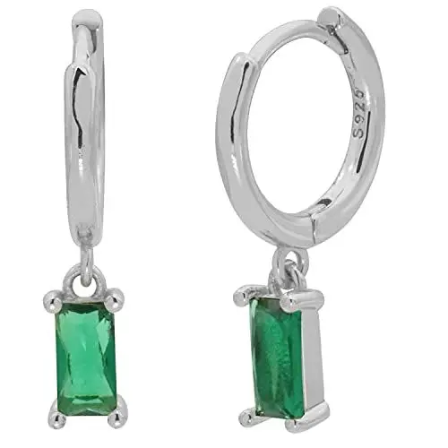 Produktbild: LIHELEI Damen Ohrringe Creolen mit Anhänger Baguette, 925 Sterling Silber Ohrringe mit Smaragd Zirkonia, Hypoallergen Huggies Creolen- Silber Smaragd