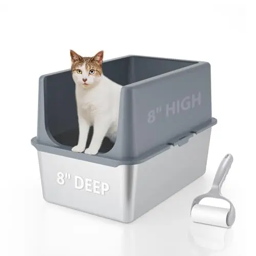 Produktbild: LIHOOOOM Katzenklo Edelstahl mit Deckel, Katzentoilette xxl, Katzenklo xxl Große Katzen, 40,5 cm Katzenklo Hohem Rand, Katzenklo Offene, Extra Große Katzentoilette mit Grauem Deckel, Leichtes Reinigen