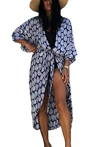 Produktbild: LikeJump Damen Boho Kimono Lang Kleid Strandkleider Cardigan Pareo Badeanzug Cover Ups