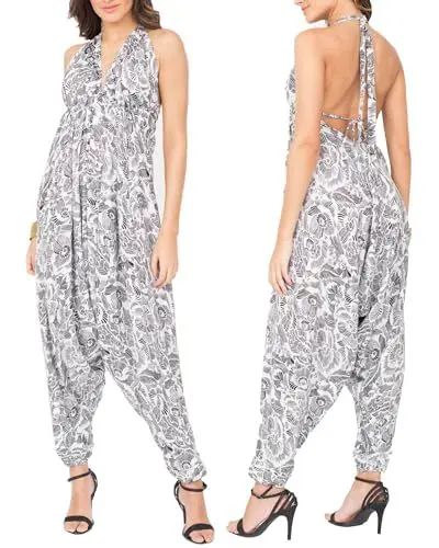 Produktbild: likemary Jumpsuit für Damen - Einteiler mit Nackenband - gemütlich, trotzdem schick und sexy - Onesie mit Taschen - Einheitsgröße, passt fast jeder - Ärmelloser Sommer Hosenanzug Floral Weiß