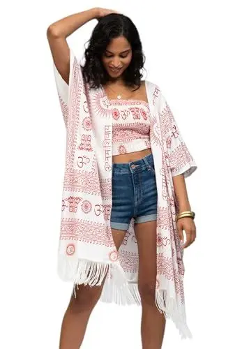 Produktbild: likemary Pareos & Strandkleider - Strandtunika als ideale Ergänzung zur Bademode - sylischer Strandponcho - Kurze Kaftan-Tunika eignet Sich perfekt für den Urlaub und als Loungewear - Om Weiß