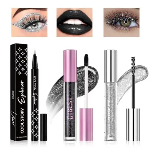 Produktbild: Likesing 3 Stück Glitzer Lippenstift Schwarzer Eyeliner Mascara Set Lipgloss 24 Stunden Halt Wimperntusche Lipstick Lip Gloss Long Lasting Lippenstift Schwarz Eyeliner Lip Balm Make up Damen Geschenk