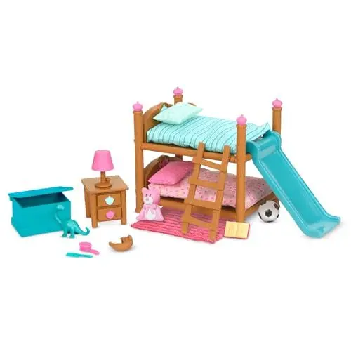 Produktbild: Li’l Woodzeez 18-teilig Schlafzimmer Kinderzimmer Zubehör Set – Hochbett, Rutsche und mehr – Tierfiguren Accessoire Spielzeug für Kinder ab 3 Jahren