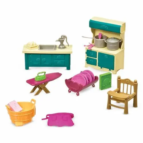 Produktbild: Li’l Woodzeez 21-teilig Küche und Haushalt Zubehör Set – Herd, Spüle, Bügelbrett und mehr – Tierfiguren Accessoire Spielzeug für Kinder ab 3 Jahren